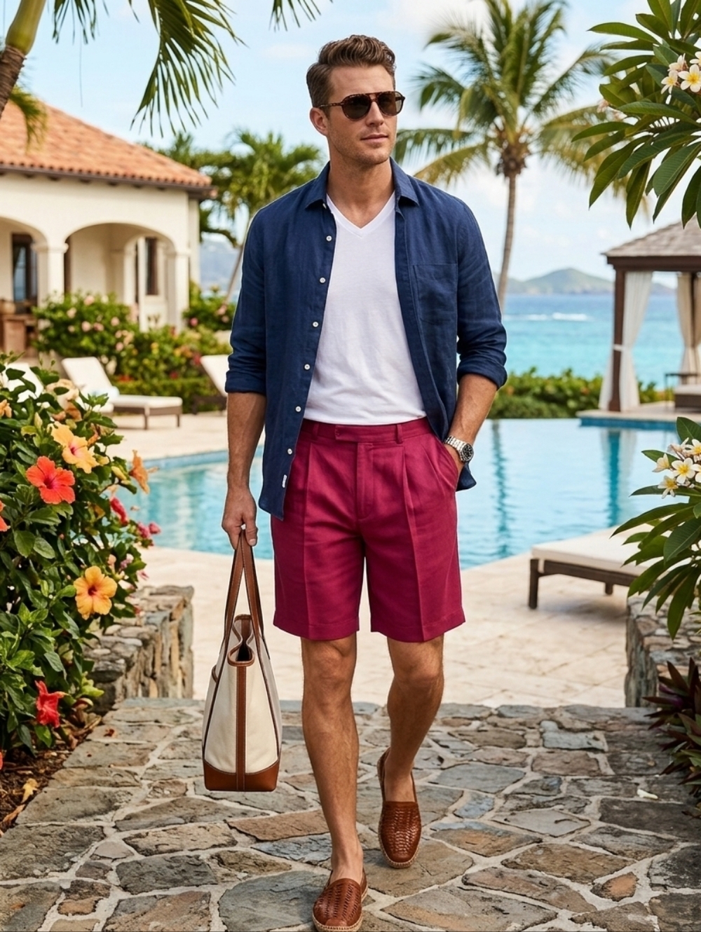 Bobby Chan Dark Red 100% Silk Bermuda Shorts Size 40 waist Luxe